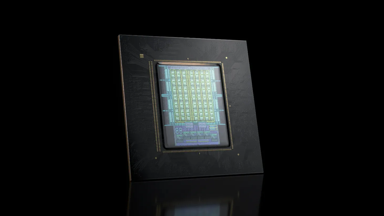 黑色背景下展示的NVIDIA Vera CPU芯片，中央为绿色与紫色电路结构的晶圆，四周环绕金色触点，整体呈方形封装。