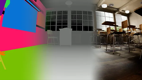 彩色几何体叠加在教室3D场景上，展示NVIDIA Omniverse RTX传感器模拟的视觉效果，背景为带桌椅的教室环境。