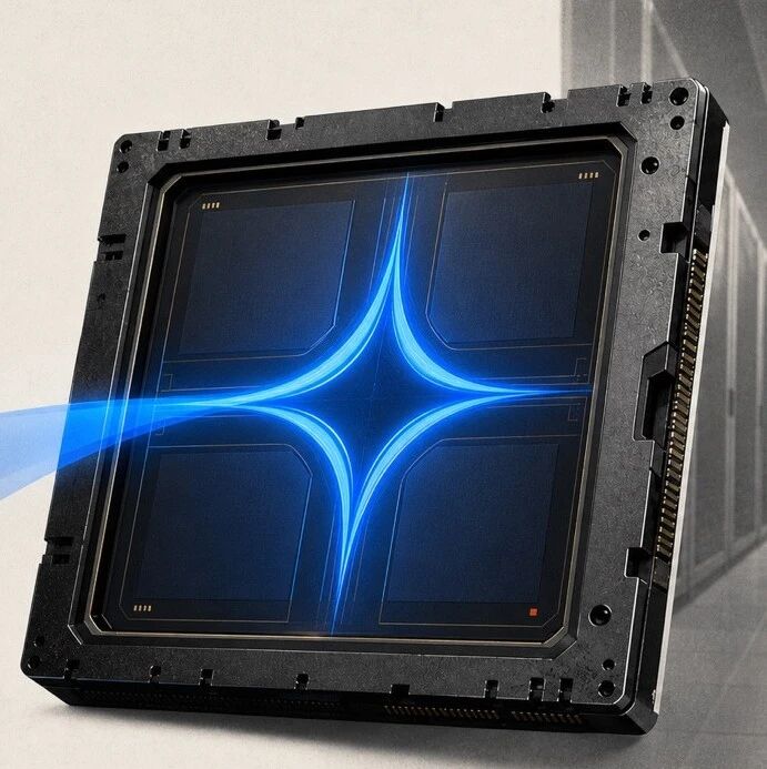 A black square chip package with a blue glowing star-shaped light pattern on its face, featuring metallic contacts and mounting features along the edges.