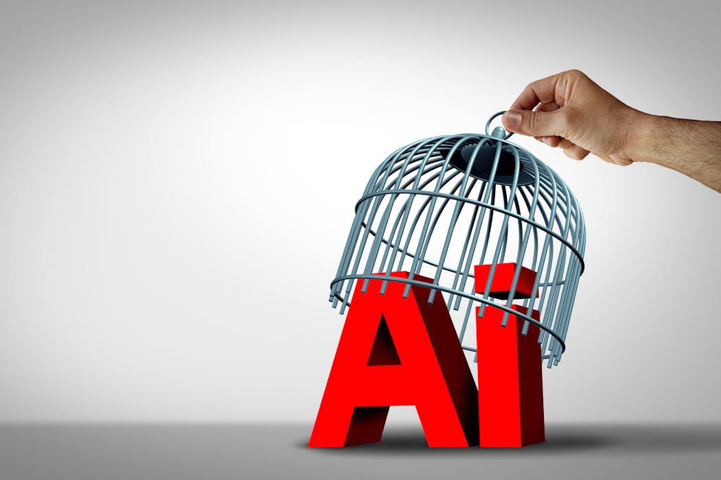 一只手正将鸟笼盖在红色立体字母'Ai'上，象征对人工智能的管控或限制。