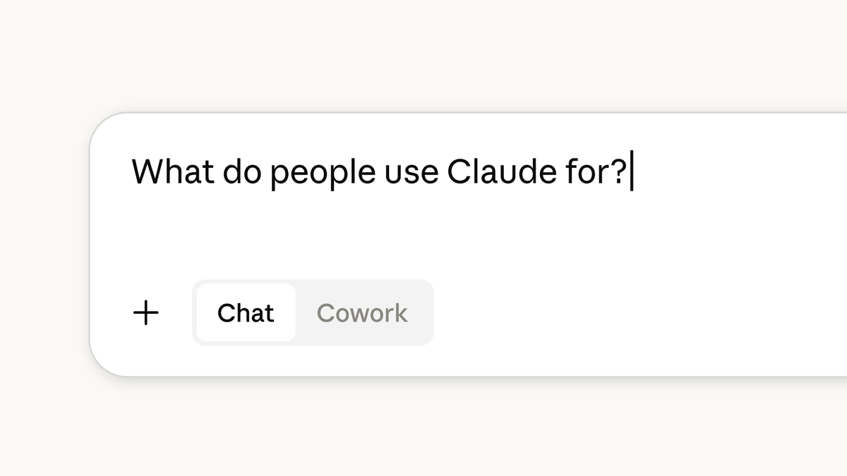 一个聊天界面截图，输入框中显示英文问题“What do people use Claude for?”，下方有“Chat”和“Cowork”两个标签按钮。