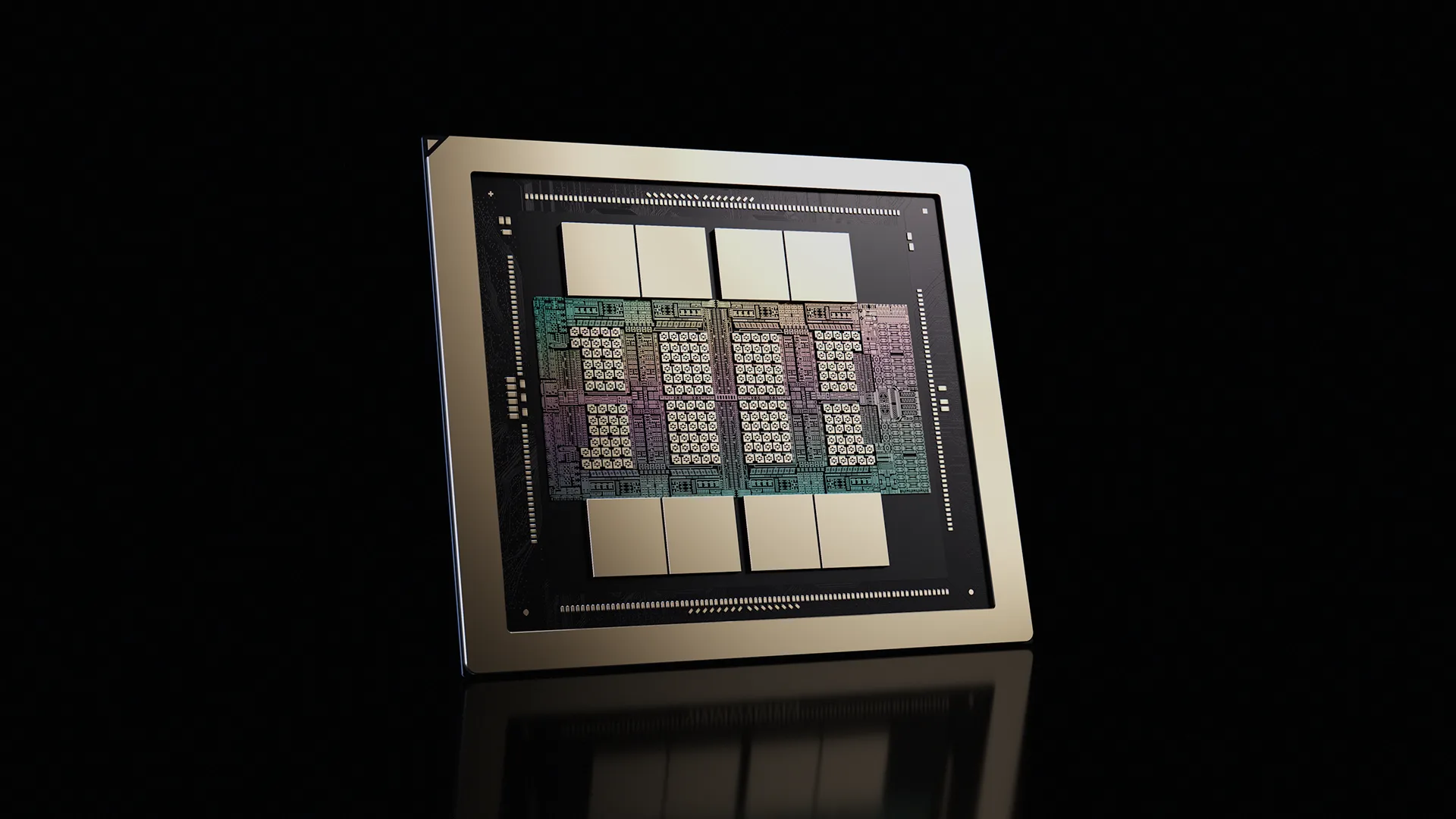 黑色背景下展示的NVIDIA Rubin GPU芯片，具有金色边框和复杂电路图案，中央为多块核心区域，上方和下方有白色矩形结构。