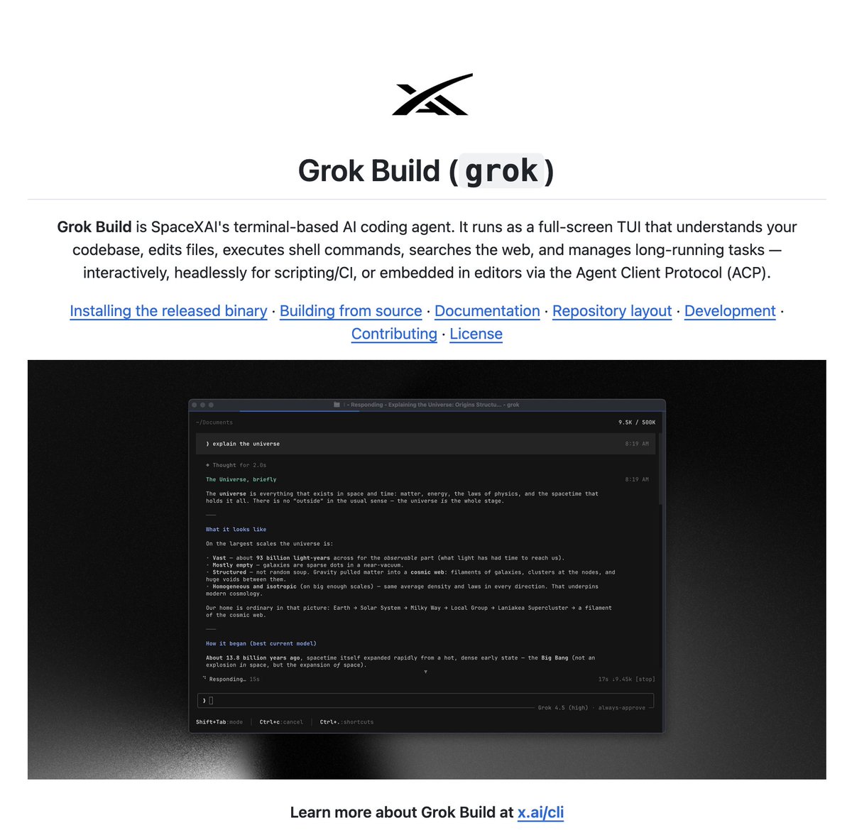 SpaceXAI 的 Grok Build（grok）终端式 AI 编程代理界面截图，显示其在终端中解释宇宙结构的交互过程，上方有 SpaceXAI 标志及 'Grok Build (grok)' 标题。