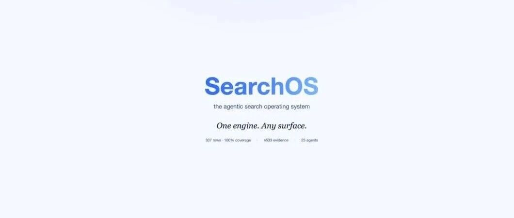 SearchOS项目主页截图，显示蓝色标题'SearchOS'、副标题'the agentic search operating system'及标语'One engine. Any surface.'，下方列有367 rows、4833 