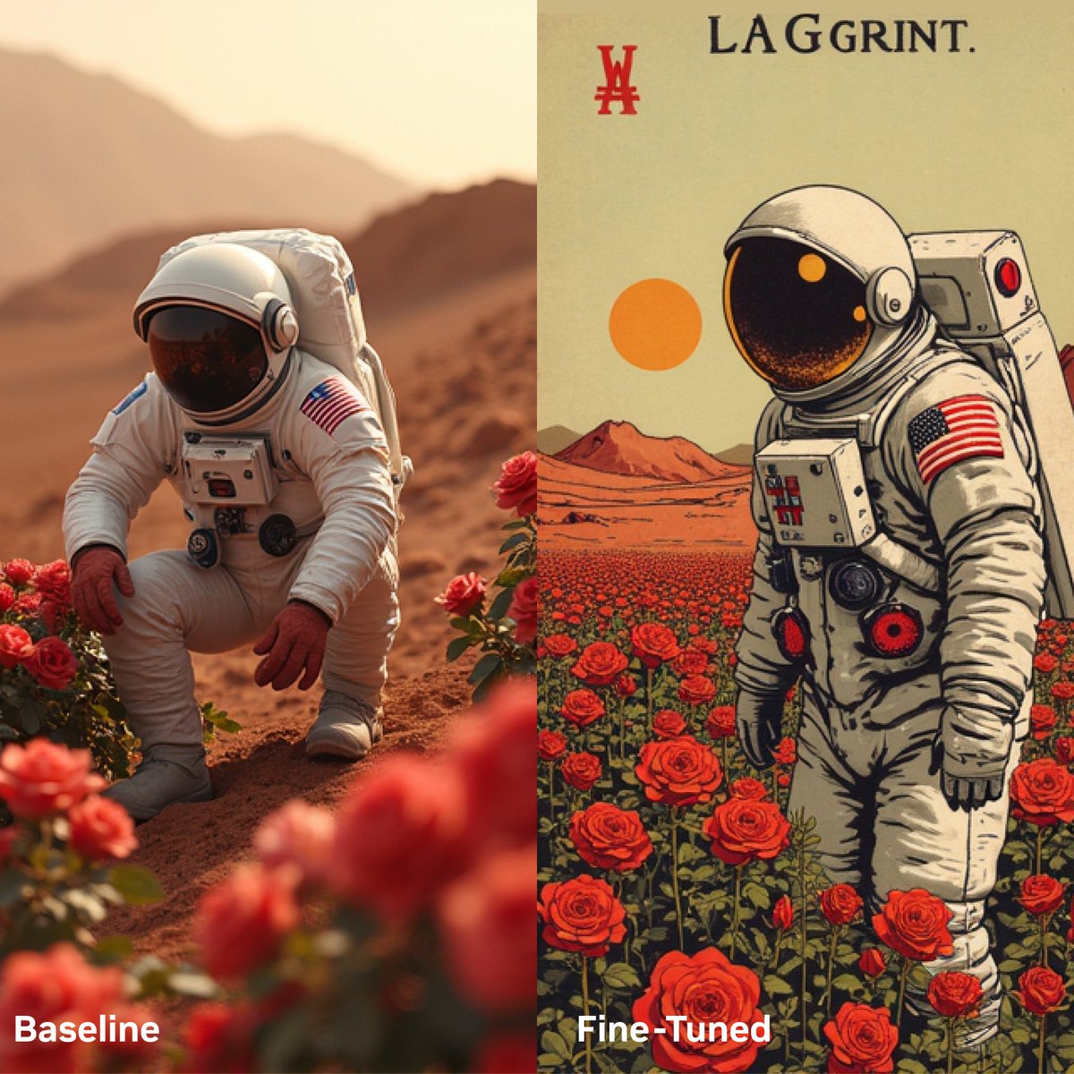左右分屏对比：左侧为写实风格宇航员蹲在火星红土玫瑰丛中，标注Baseline；右侧为插画风格同场景宇航员站立于玫瑰花海，标注Fine-Tuned，右上角有LA GGRINT.及W标志。