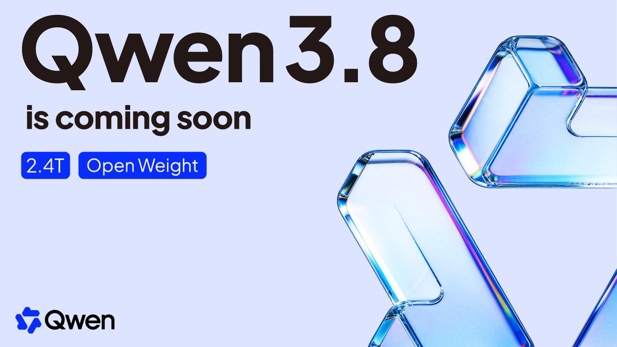 Qwen 3.8 即将发布，2.4T 开源权重，背景为蓝色透明几何体，左下角有Qwen标志。